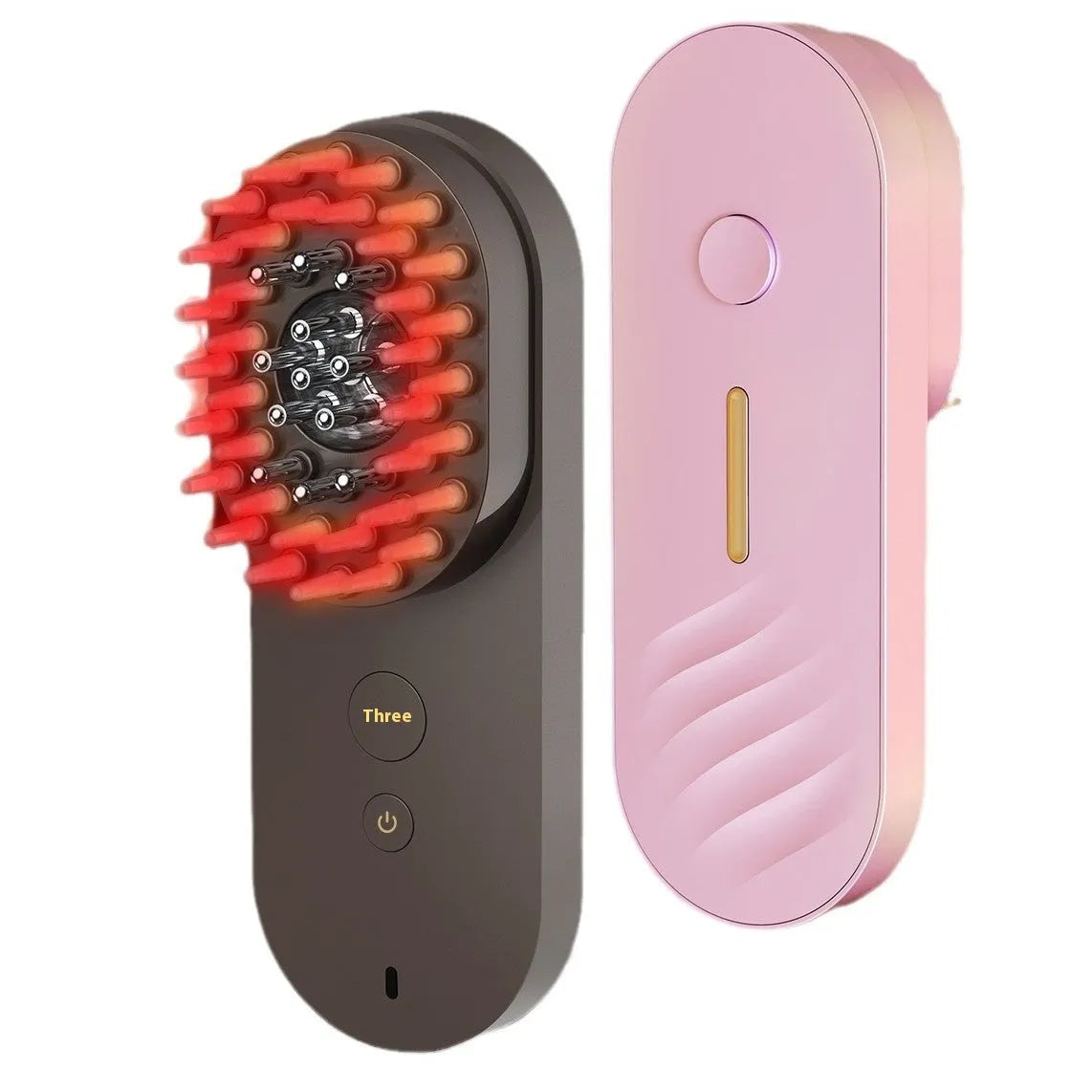Smart massage comb with red light therapy for scalp treatment in pink and black colour options