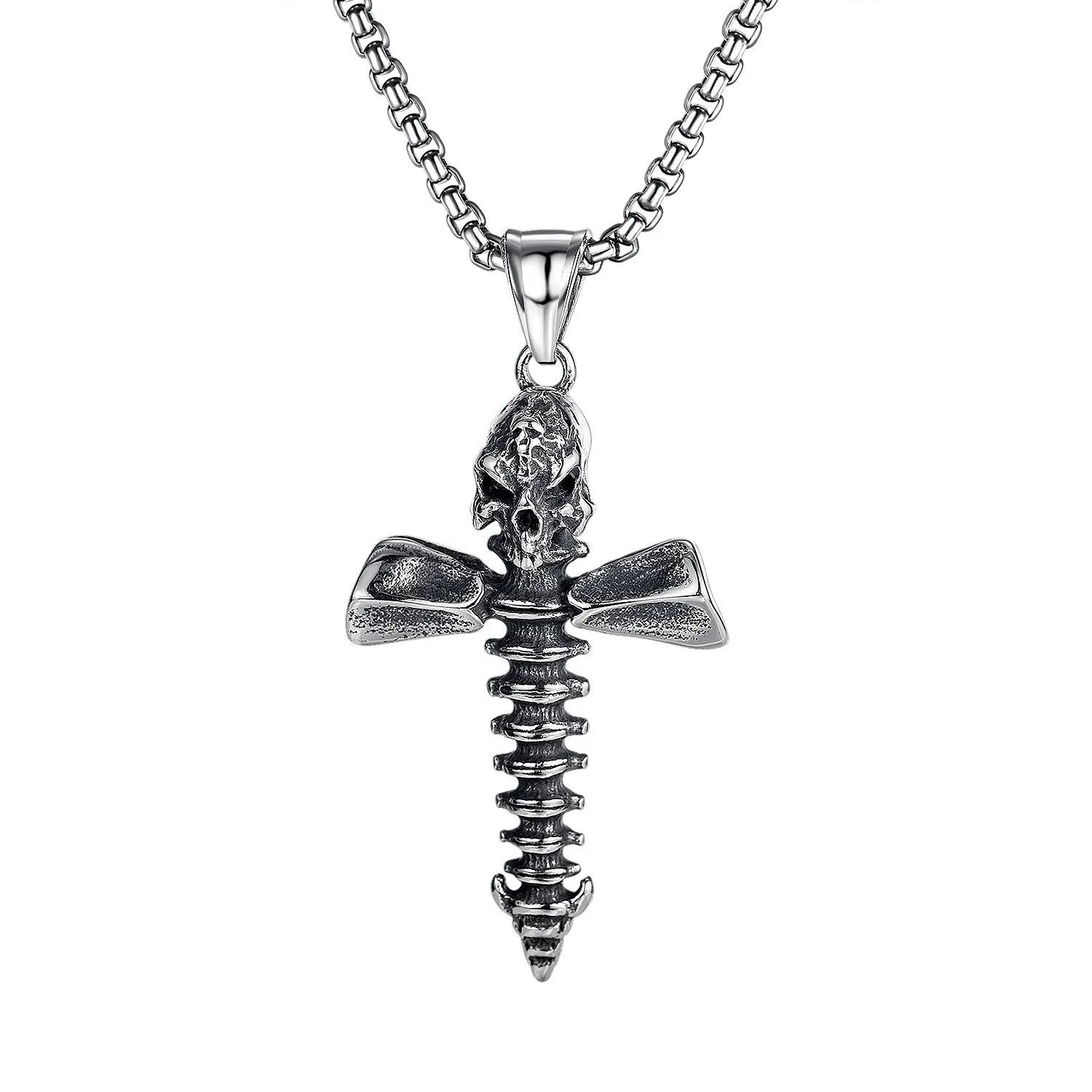 Men's stainless steel skull necklace with electroplated silver finish and alloy pendant
