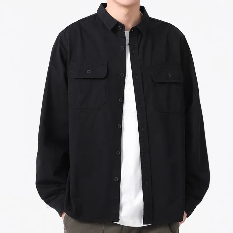 Men's loose long sleeve polyester shirt in cardigan style on a hanger, shown in light grey colour