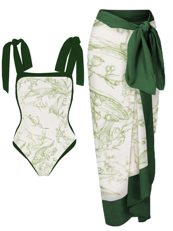 Women's printed floral swimsuit set with chiffon cover-up skirt