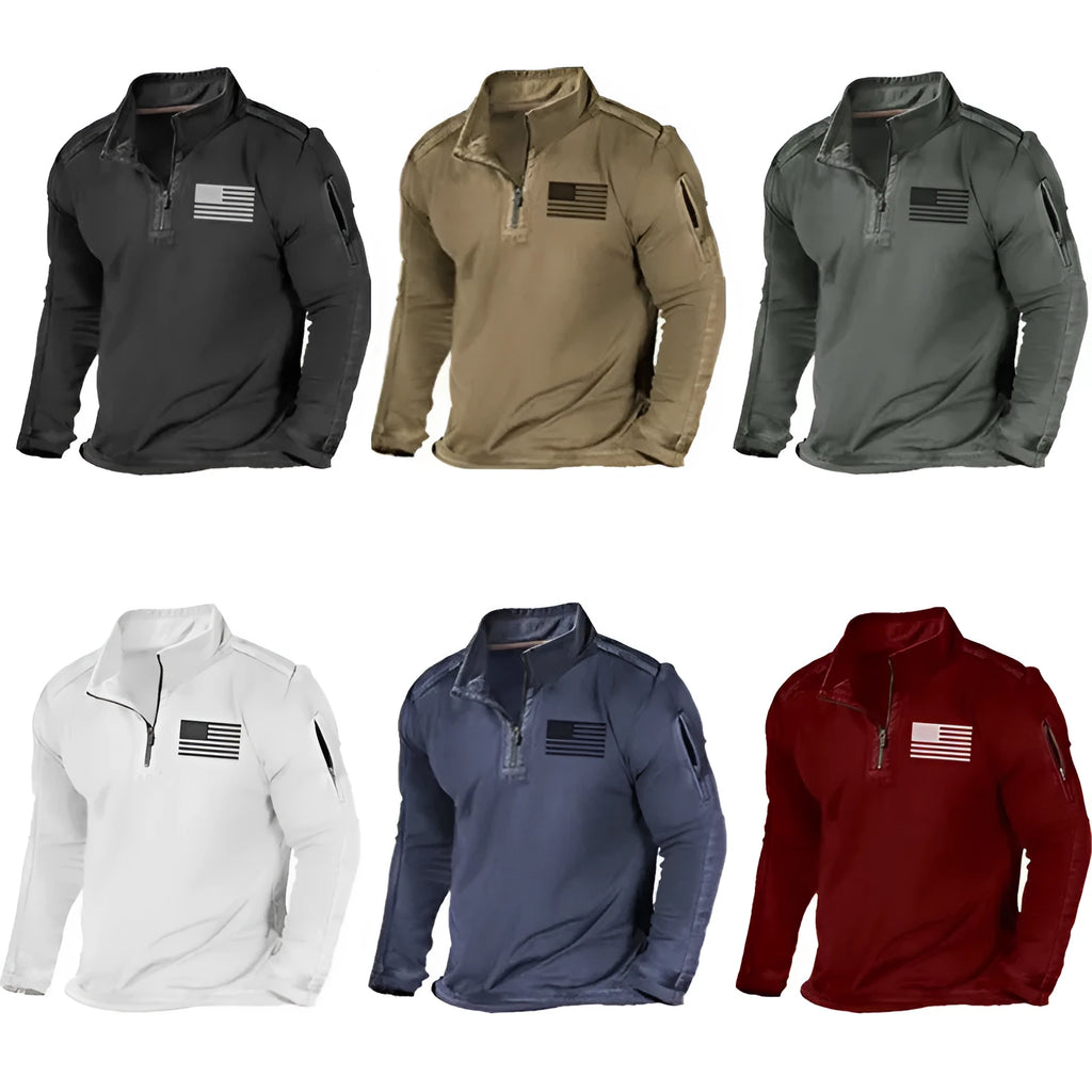 Men's grey zip-front stand collar long-sleeved polyester sweater laid flat.