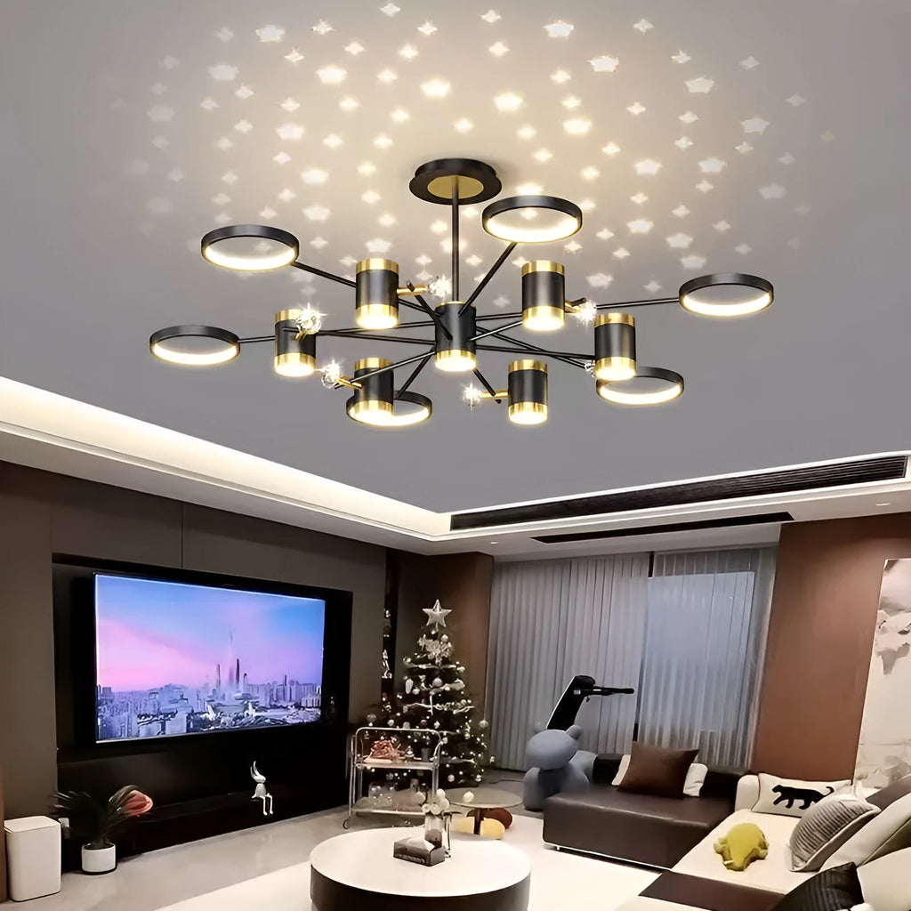 Black iron pendant chandelier with Nordic star design and 13 LED light heads