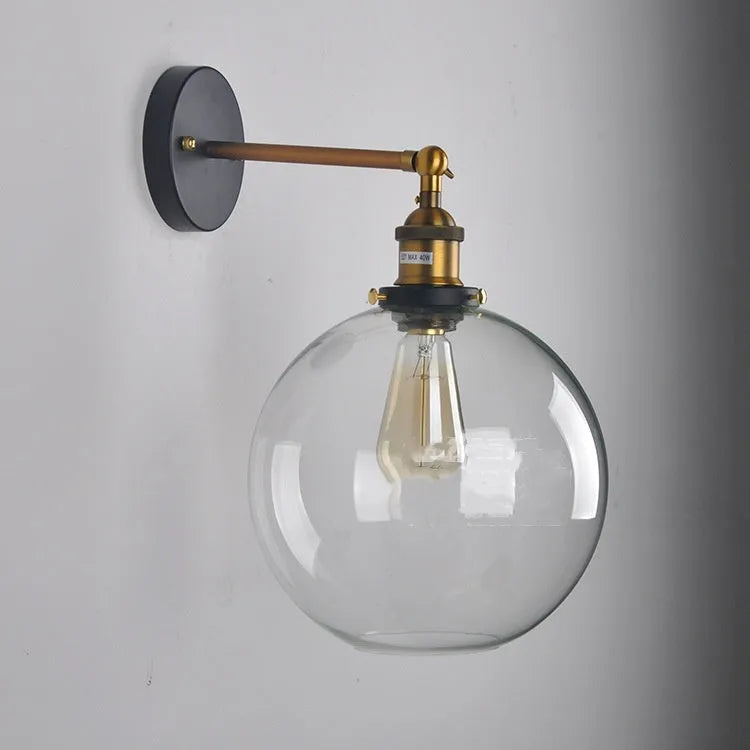 20cm retro round ball glass wall lamp in amber colour with aluminium holder.