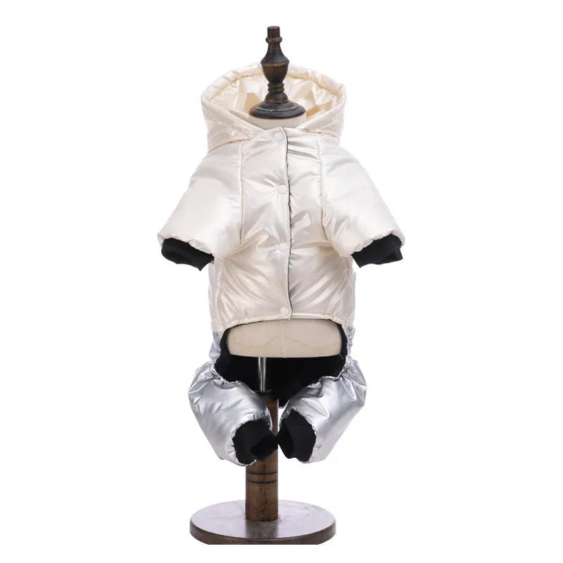 Green waterproof four-legged dog coat with cotton padding on small dog