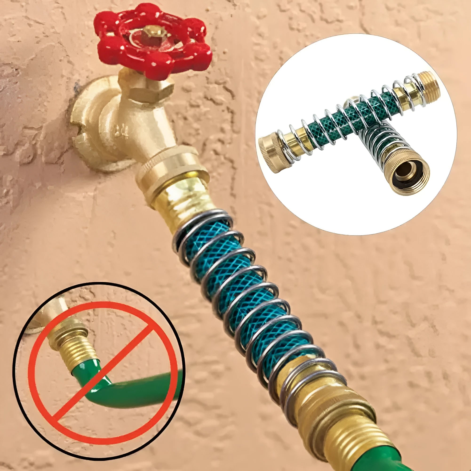 Brass garden hose connector with spiral spring, 15 cm long, with 3/4 inch threaded fittings