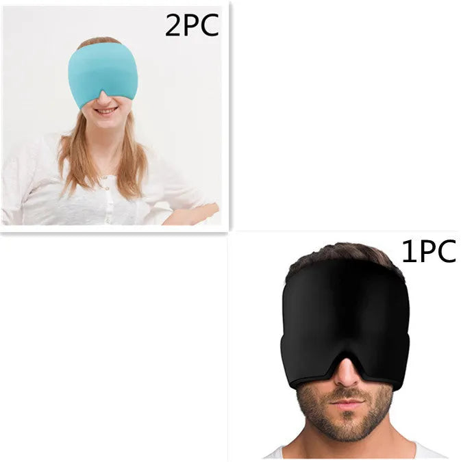 Black adjustable cold compress gel eye mask for headache relief on a plain background.