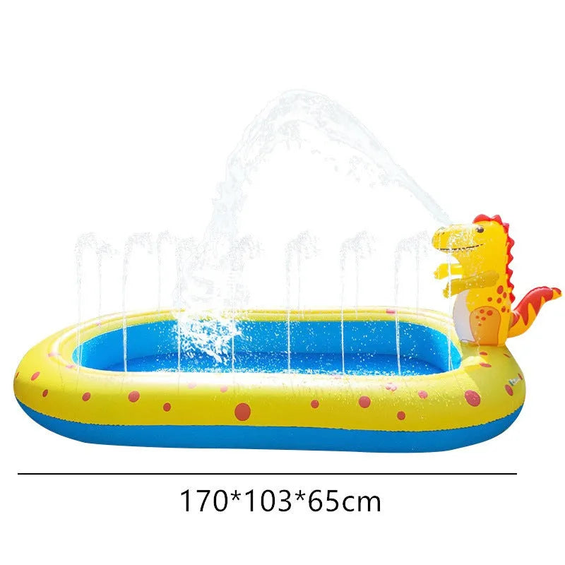Blue and yellow dinosaur and shark themed large inflatable water spray pool for kids in a garden