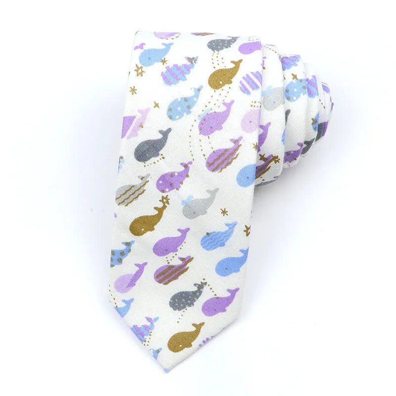 Korean-style narrow men's cotton bow tie with a printed cartoon pattern.