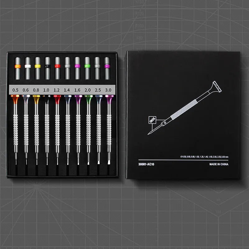 Watch repair tool set with 10 screwdrivers and 20 spare bits in boxed packaging