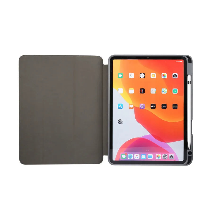 Imitation leather iPad tri-fold case with marbling pattern and built-in pen slot, shown in dark grey.