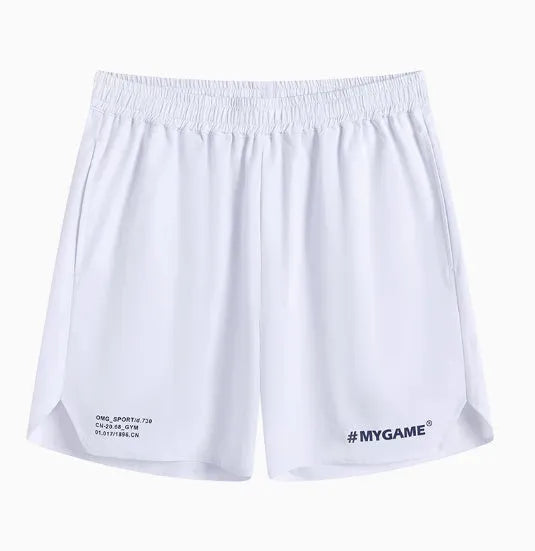 Men's training shorts in black, blue, grey, and white colours from a front view.