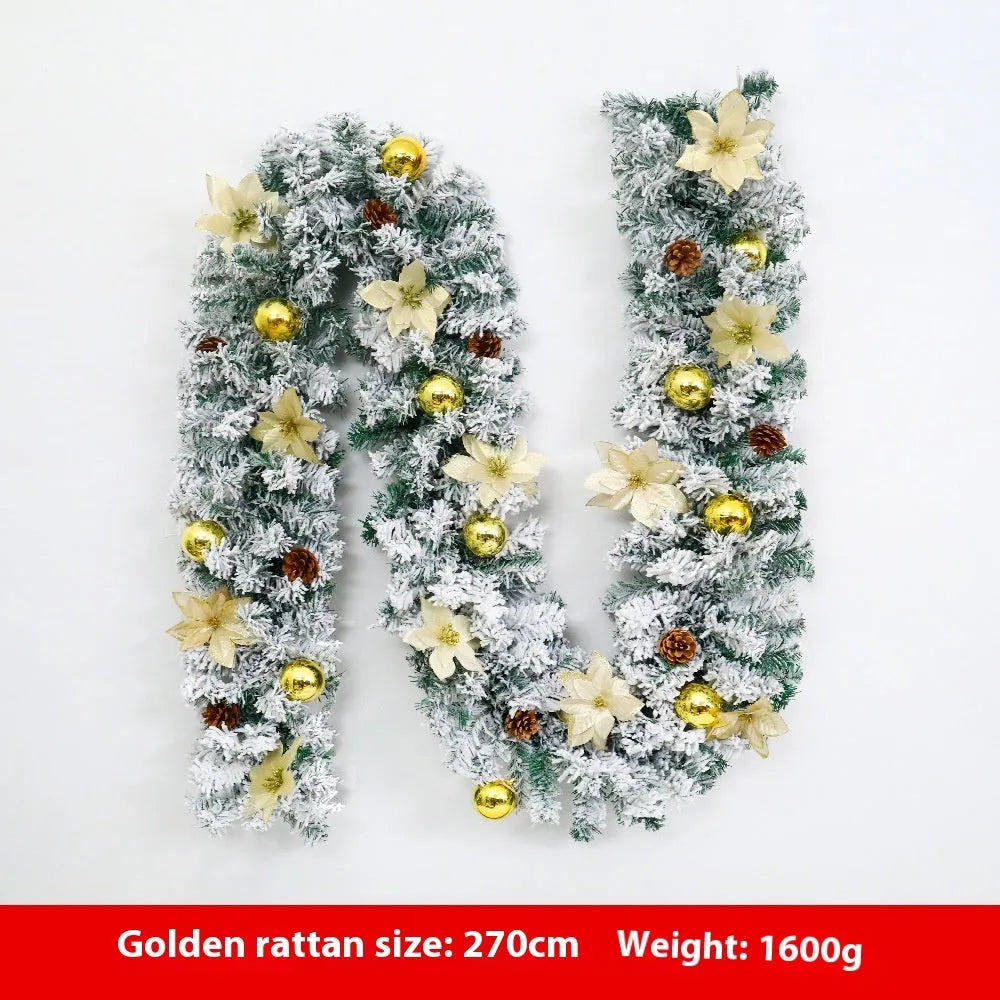 Christmas rattan garland with white flocking in a choice of five colours: golden, blue, silver, pink, and red.