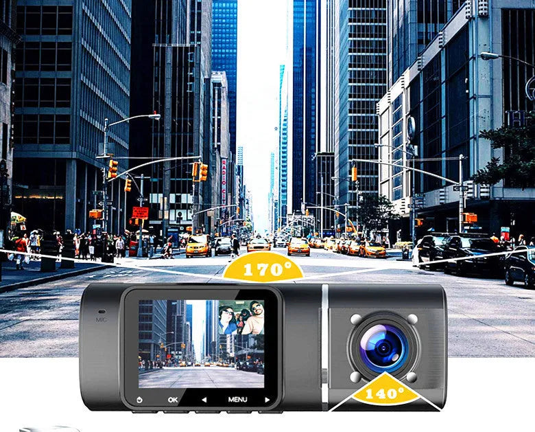 Black dashboard camera for car with 1.5-inch screen, shown with car charger and mounting stand.