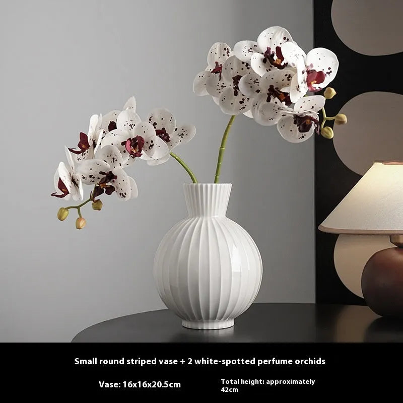 White American striped ceramic ball vase for living room decoration with orchid stem options