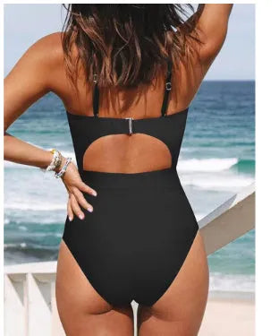 Women's solid colour one-piece swimsuit in black, wine red or peacock blue with backless design