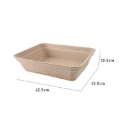 Brown disposable biodegradable cat litter box showing its three available size dimensions.