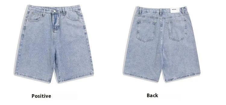 Men's light blue denim shorts with a straight-leg cut and zip fly, laid flat