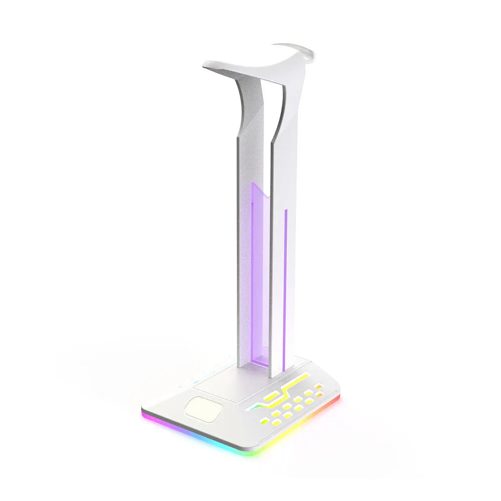 RGB headphone bracket with dual USB ports and customisable lighting on desk with headphones
