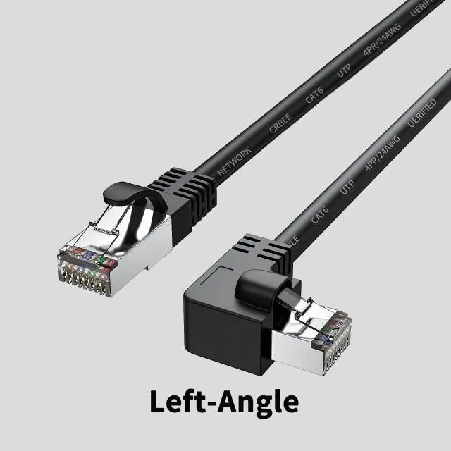 Cat6 Ethernet cable with right-angle RJ45 connector in multiple colour options including black, white, and red