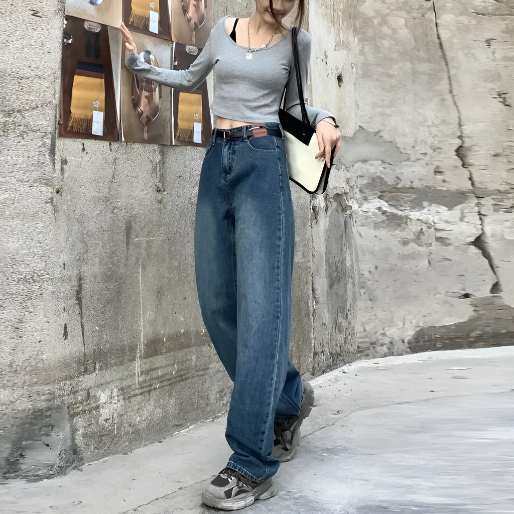 Women's high-waist straight leg jeans in retro blue denim showing three length variations