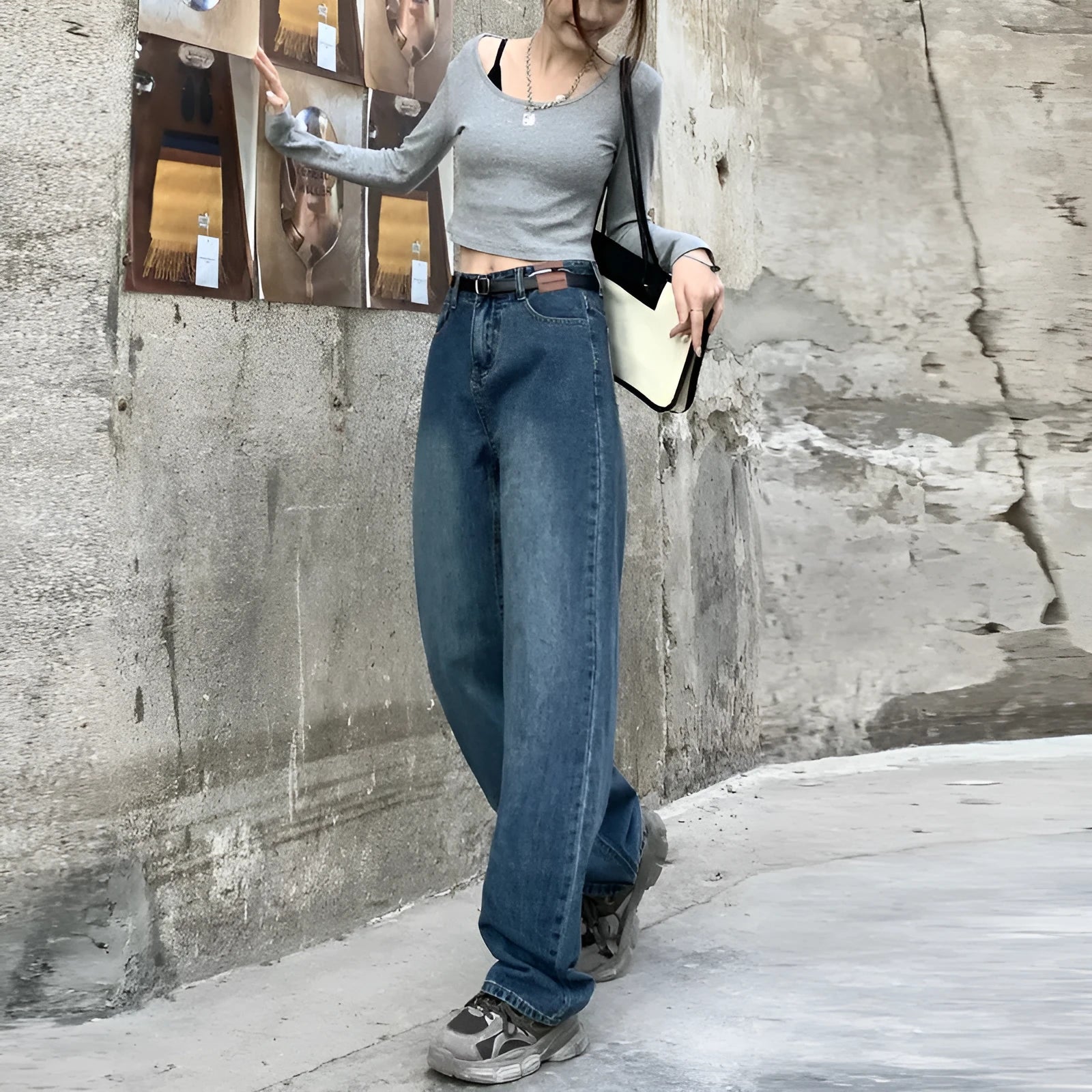Women's high-waist straight leg jeans in retro blue denim showing three length variations