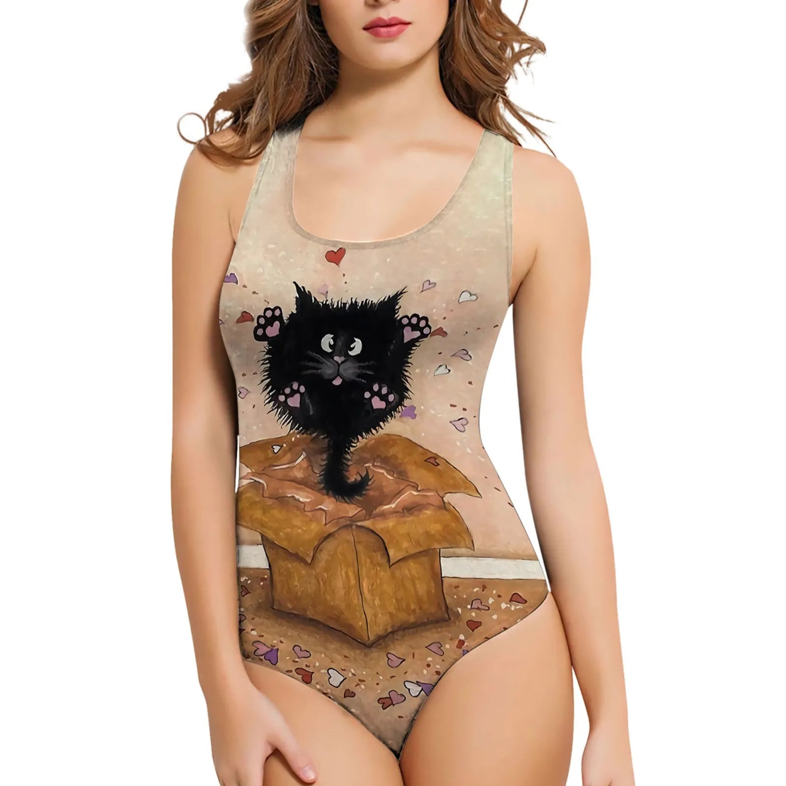 Women's sleeveless one-piece swimsuit with a 3D printed sunflower pattern on blue fabric.
