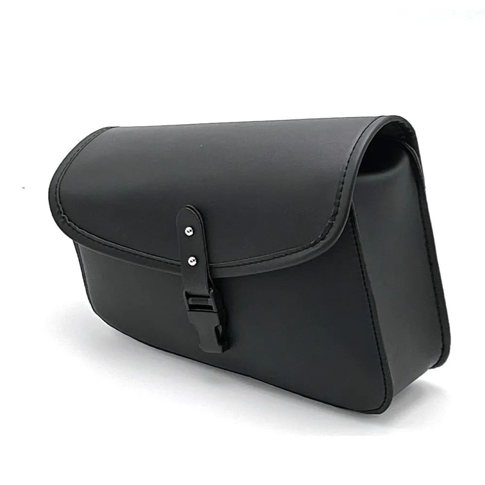 Black PU leather motorcycle swingarm saddlebag mounted on Harley Sportster with dimensions 30x24x20cm