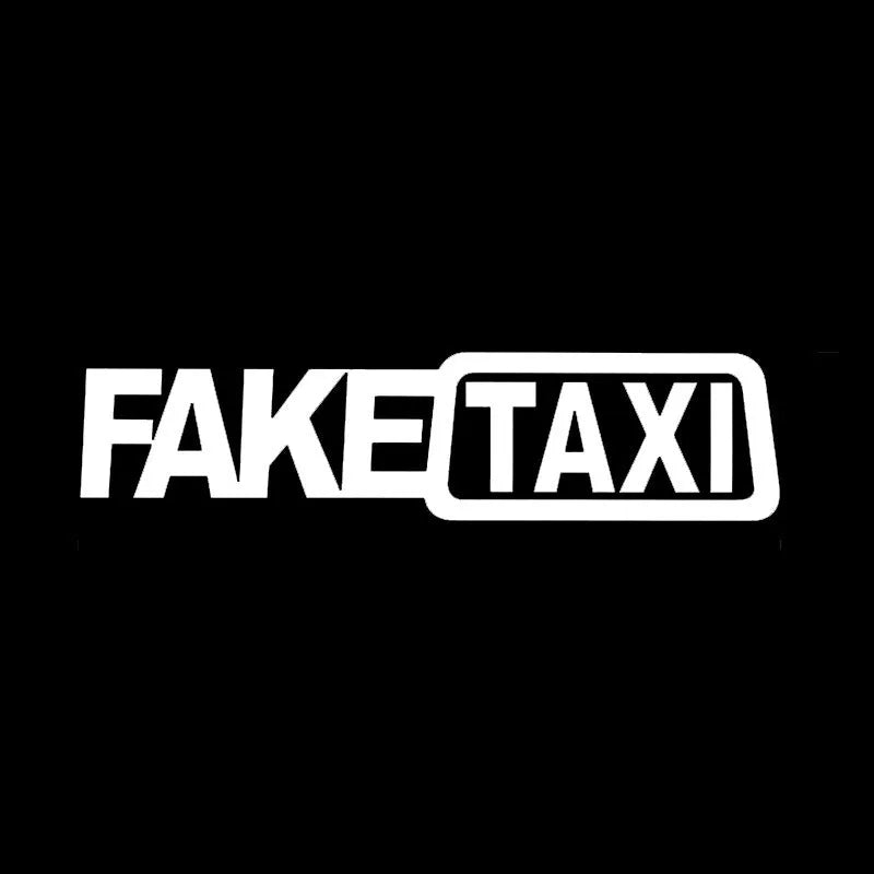 FAKE TAXI waterproof car warning sticker in black, white, or yellow, measuring 20 by 8 centimetres.