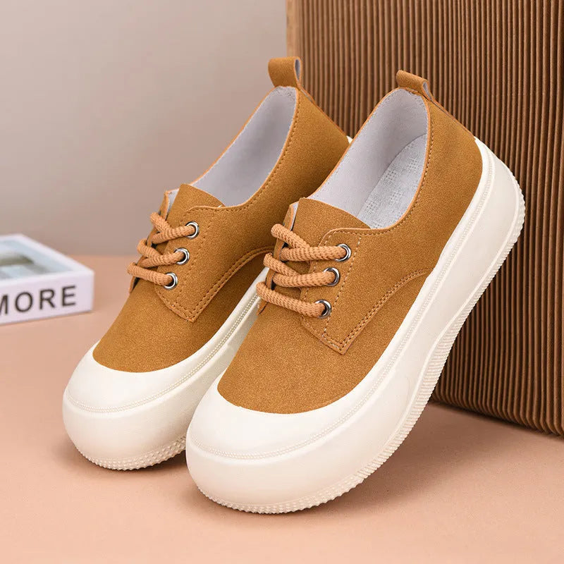 Women's camel suede platform loafers with lace-up front and a flat 4CM rubber sole.