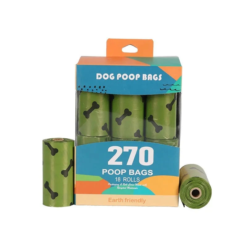 Roll of army green degradable dog waste bags with black bone print, showing bag size and dispenser.