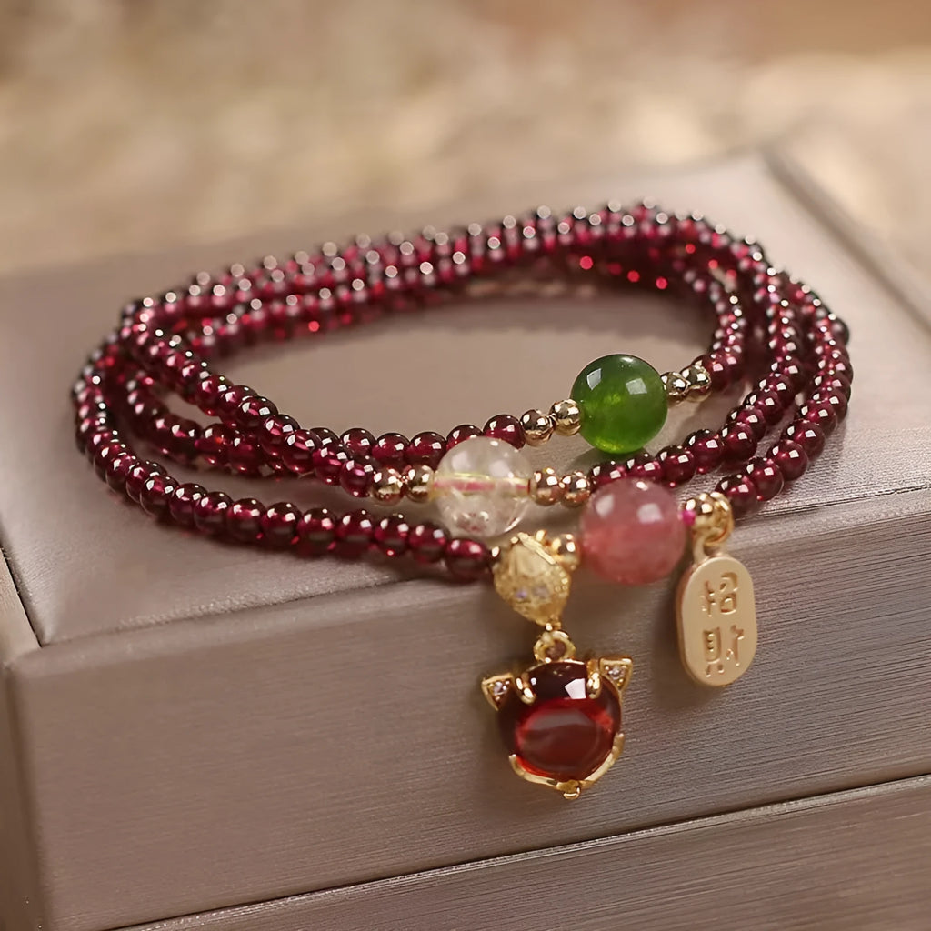 Purplish red garnet fox bracelet with adjustable cord for women
