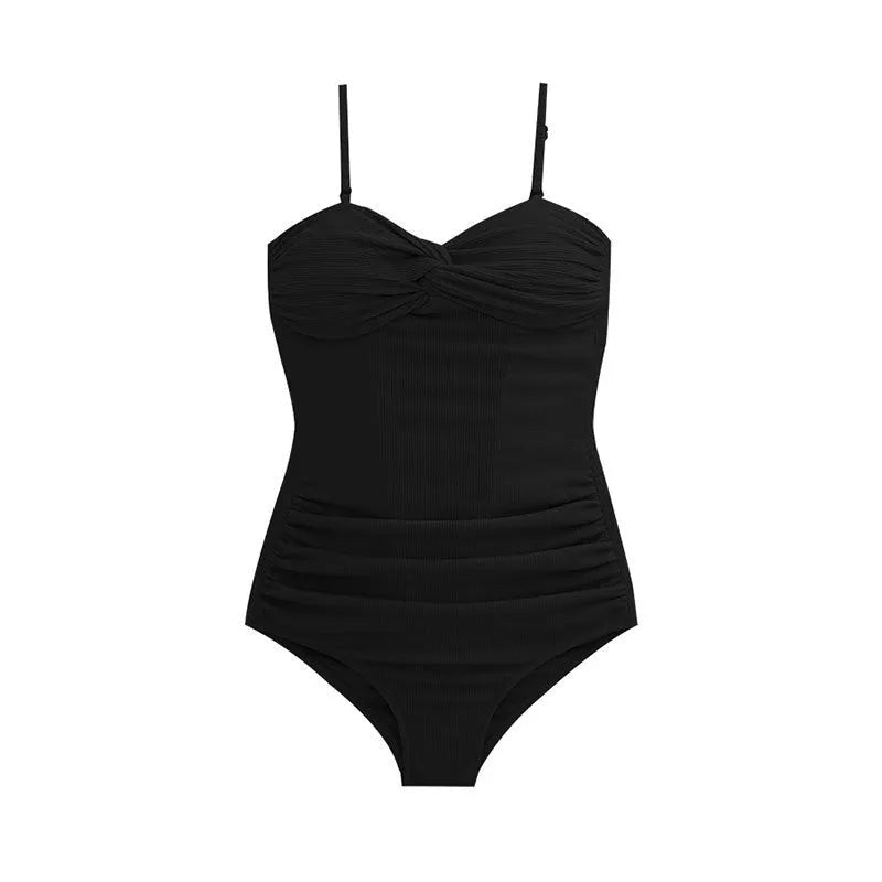 Black women's one-piece swim jumpsuit with suspender straps and a high-waist slimming design.