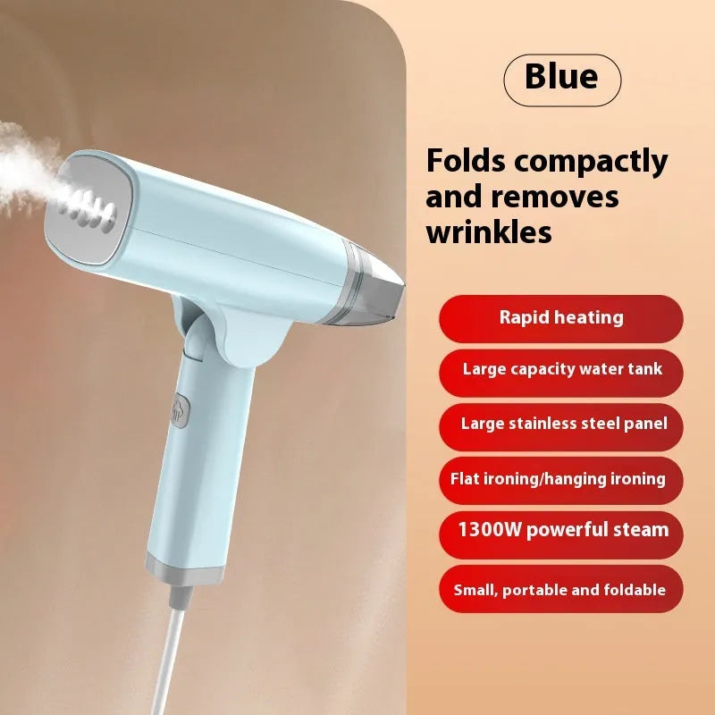 Handheld garment steamer in blue or white with compact design and mechanical controls
