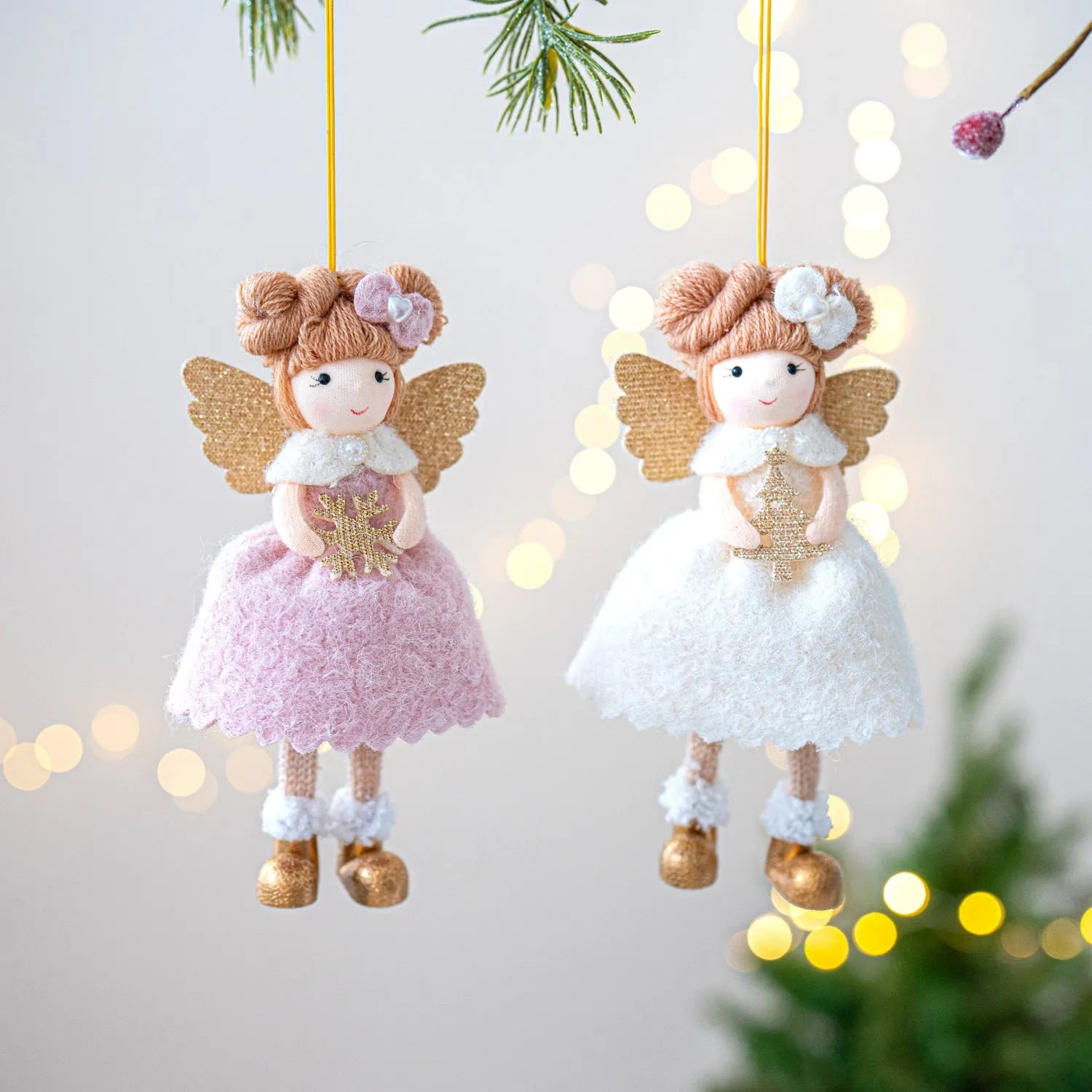 Soft pink and white cloth angel wings plush pendant Christmas tree ornament.