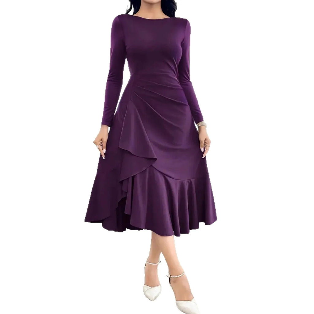 Purple women's dress with long sleeves, round neck, and ruffle detailing.
