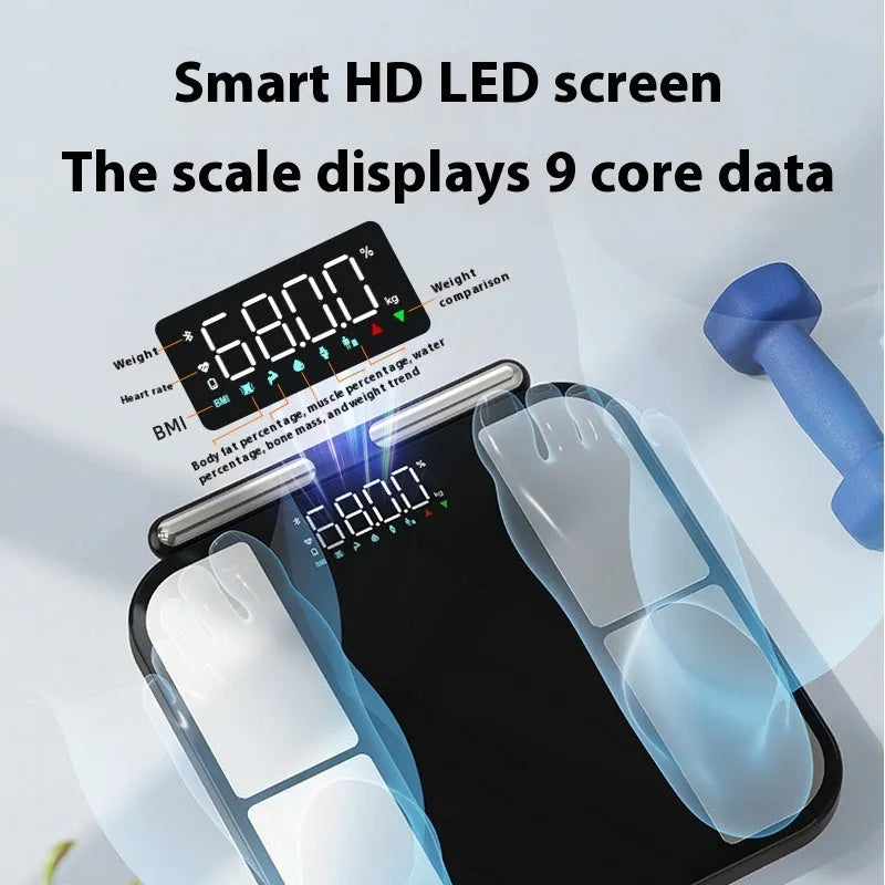 Black electronic body fat weighing scale with colour screen on tempered glass platform