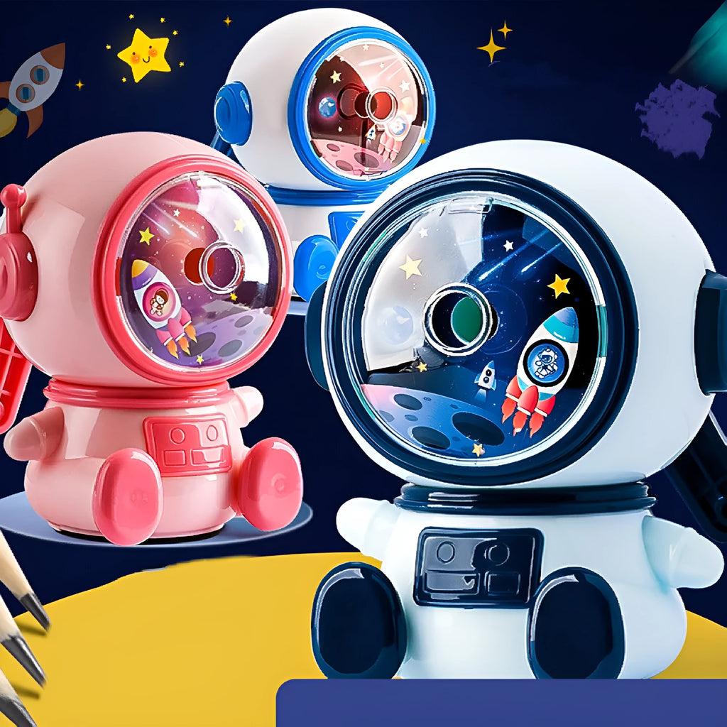 Cartoon astronaut manual pencil sharpener in blue or pink colours with three adjustable levels
