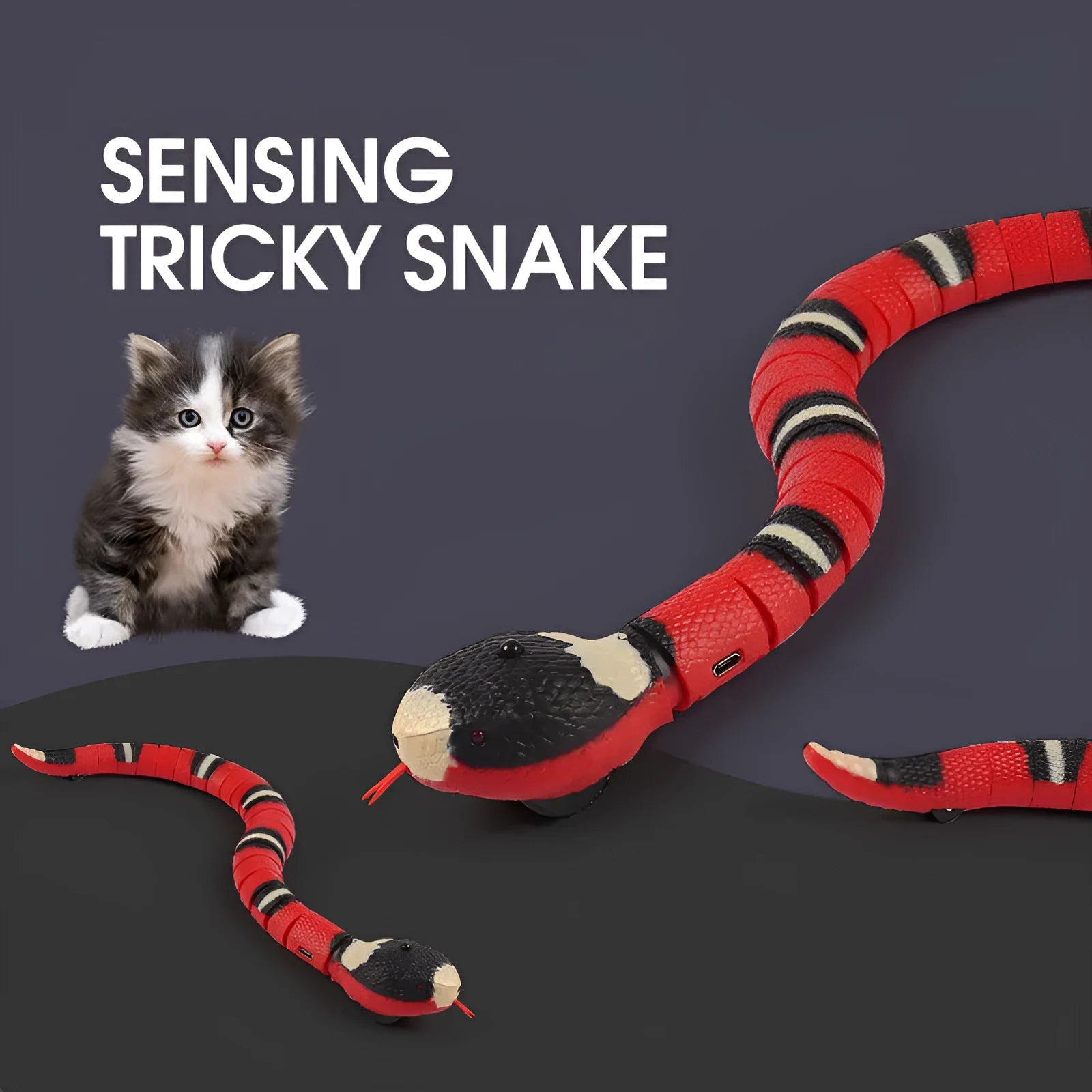Automatic electronic snake cat toy with segmented plastic body on a floor.