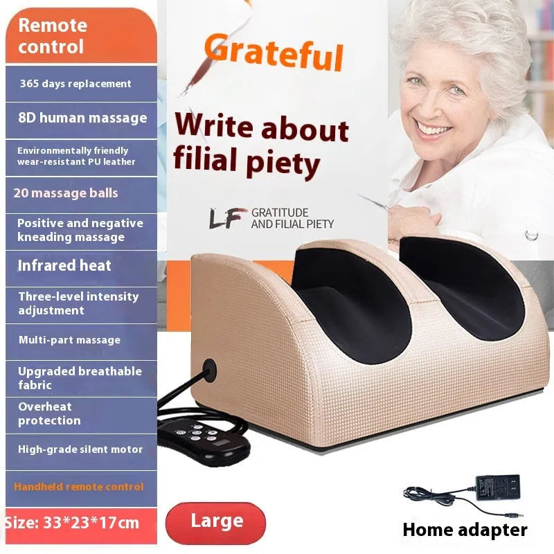 Automatic foot massage machine in gold colour with remote control on a wooden floor.