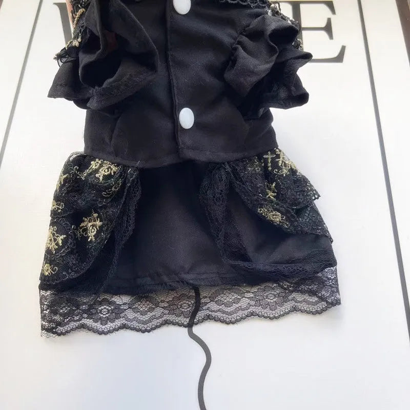 Golden gothic princess skirt costume for small cat or dog with detailed sizing information