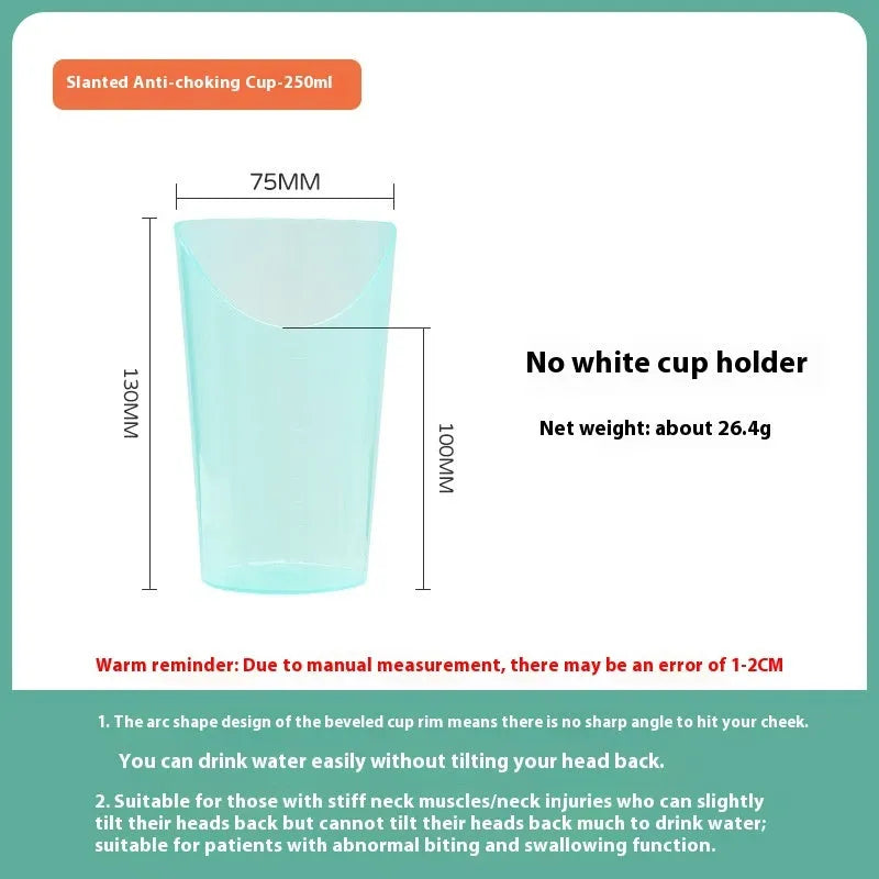 Assortment of adult drinking cups including an oblique mouth choke-proof model with a wrist splint.