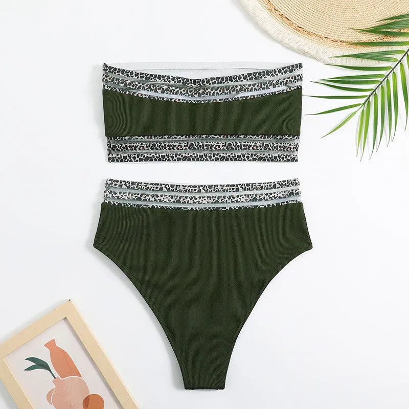 Black two-piece swimsuit with leopard print splicing and strapless high-elastic design