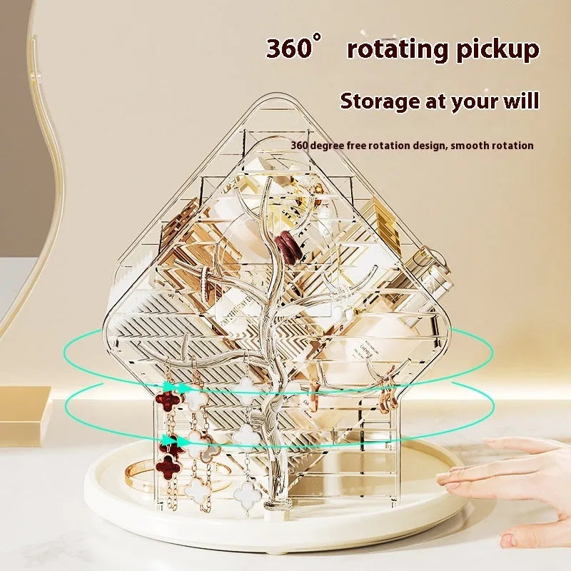 Rotating cosmetics storage box in clear and amber gold colours showing 360-degree rotation mechanism