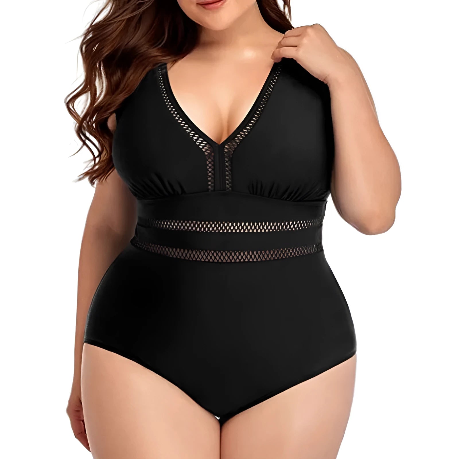 Black floral print plus size women's bikini swimsuit made from polyester mesh fabric.