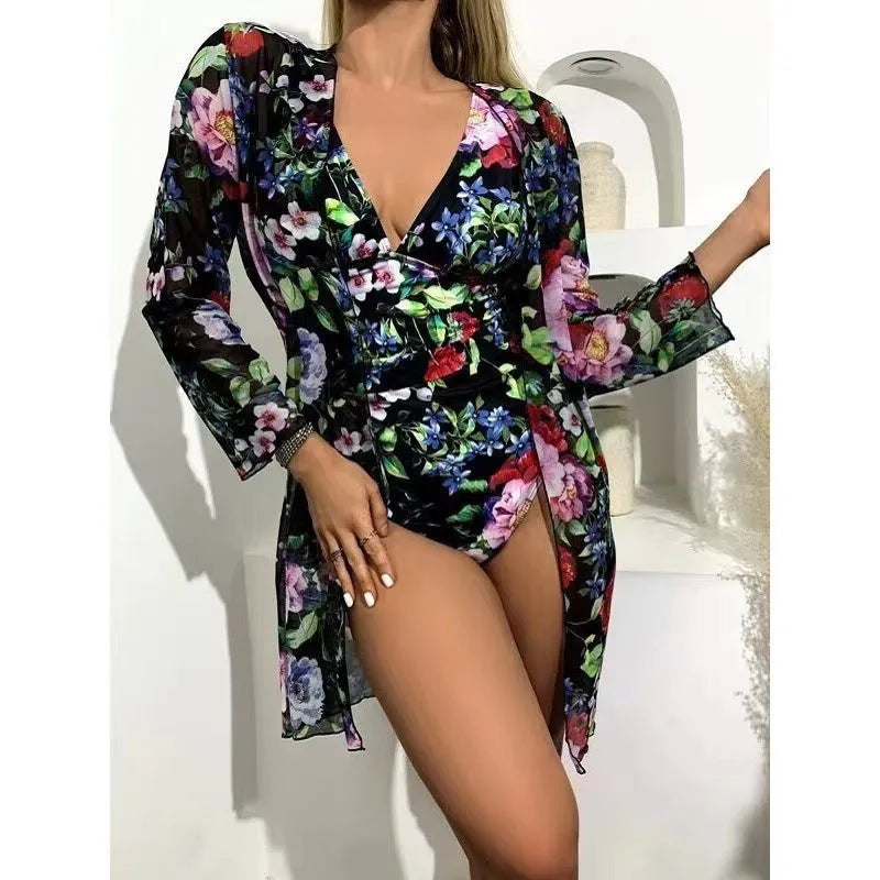 Women's floral patterned tight bikini three-piece suit with coat in seven colour options