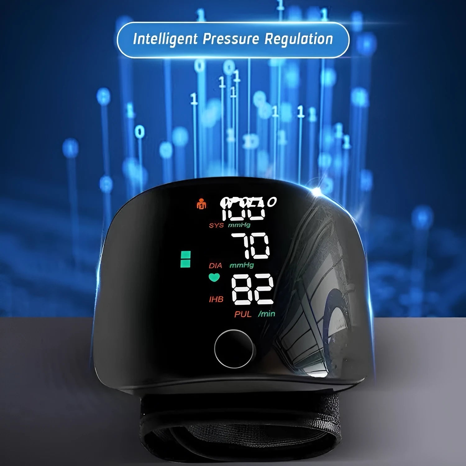 Black wrist sphygmomanometer with digital display and voice prompt buttons for home blood pressure monitoring