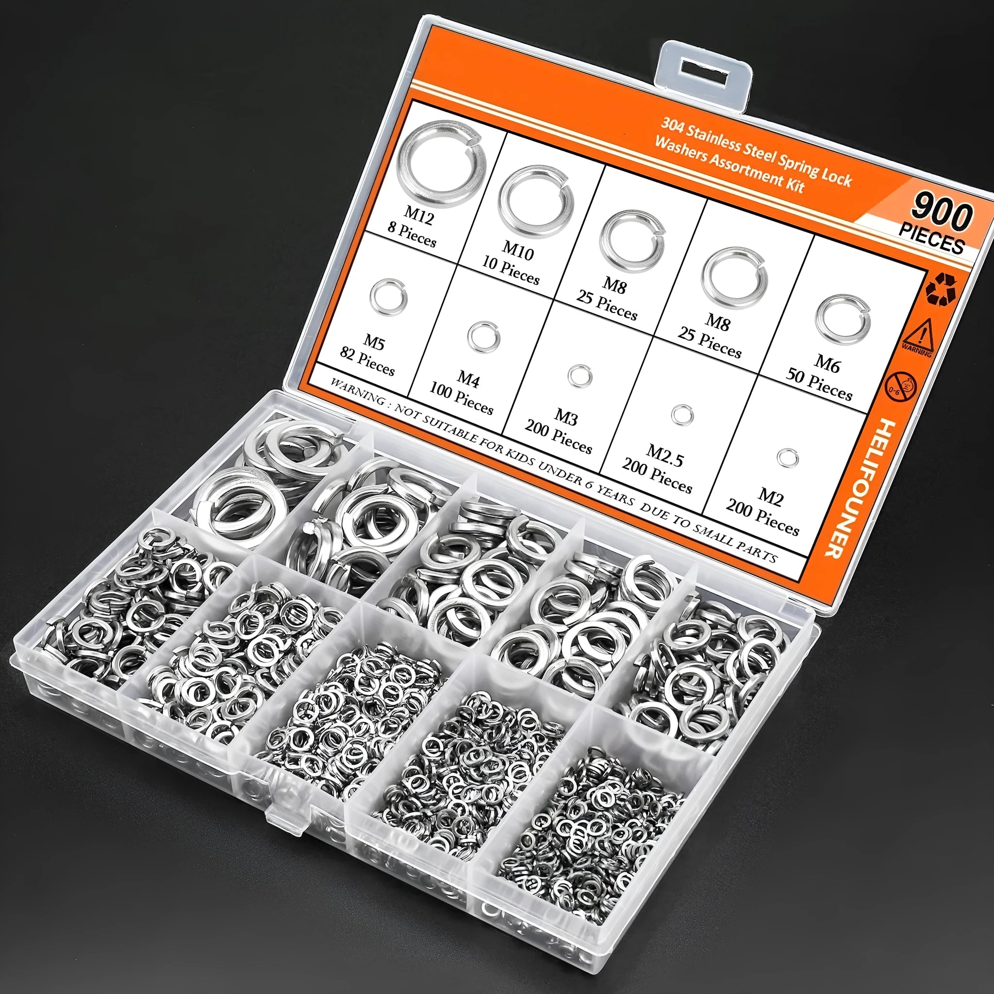 Open box showing assortment of 304 stainless steel spring lock and flat washers in various sizes.