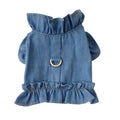 Blue denim pet dress with ruffle trim and leash hook attachments on chest and back