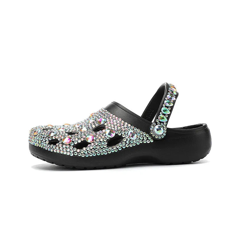 Black women's platform sandals with rhinestone decoration and perforated hole design