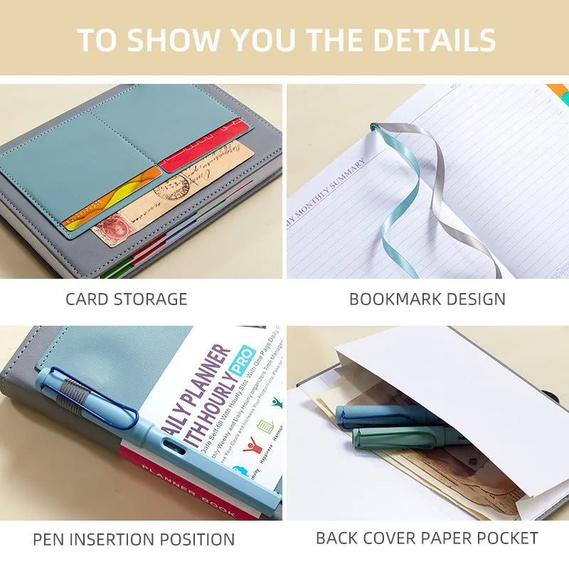 Self-filled no-date notebook with thread binding, showing PU cover in purple with planning stickers